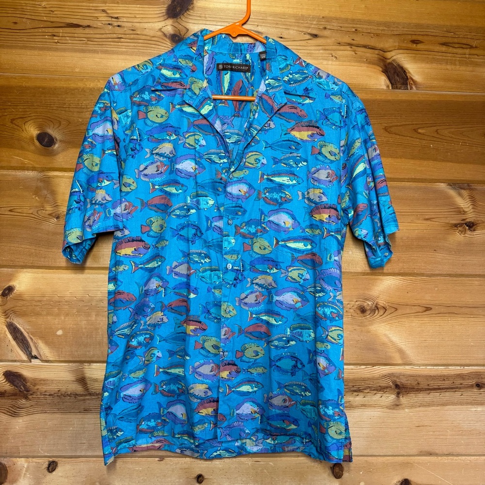 Tori Richard Fish button-down short sleeve shirt tropical cotton lawn XS blue
